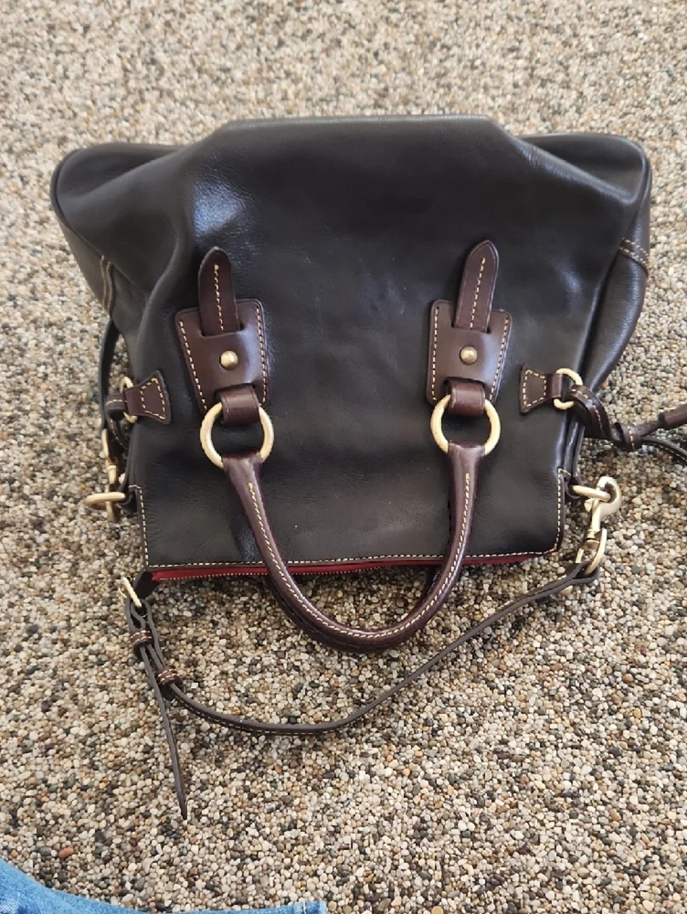 Dooney & Bourke Brown Leather Satchel with Gold Hardware and Red Trim - Picture 11 of 15